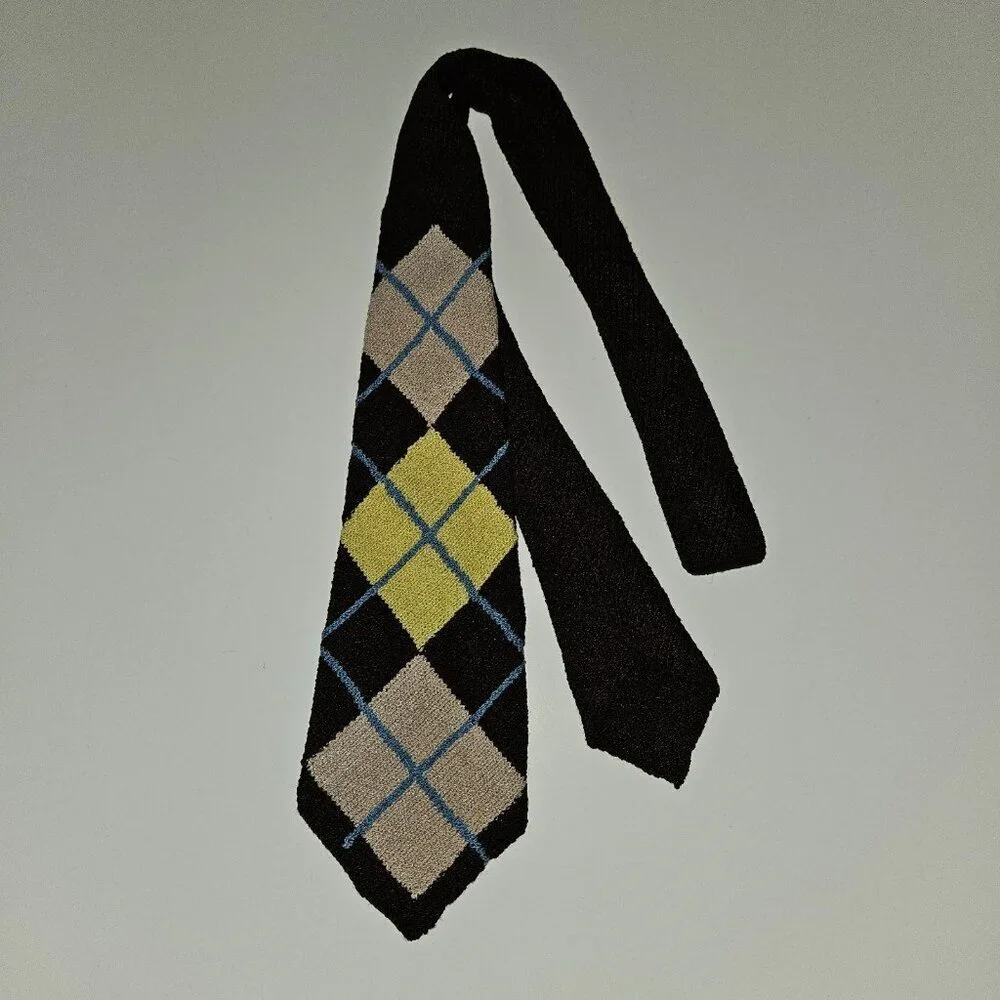 VTG Handmade Knit Neck Tie Argyle Brown Blue Yellow Tan 52